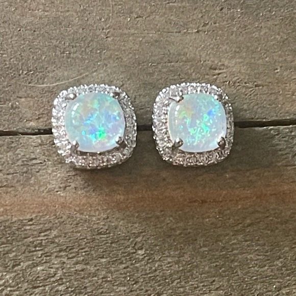Simulated Fire Pink, Blue Opal, White Gold Plated, Cubic Zirconia Stud Earrings - Picture 3 of 12